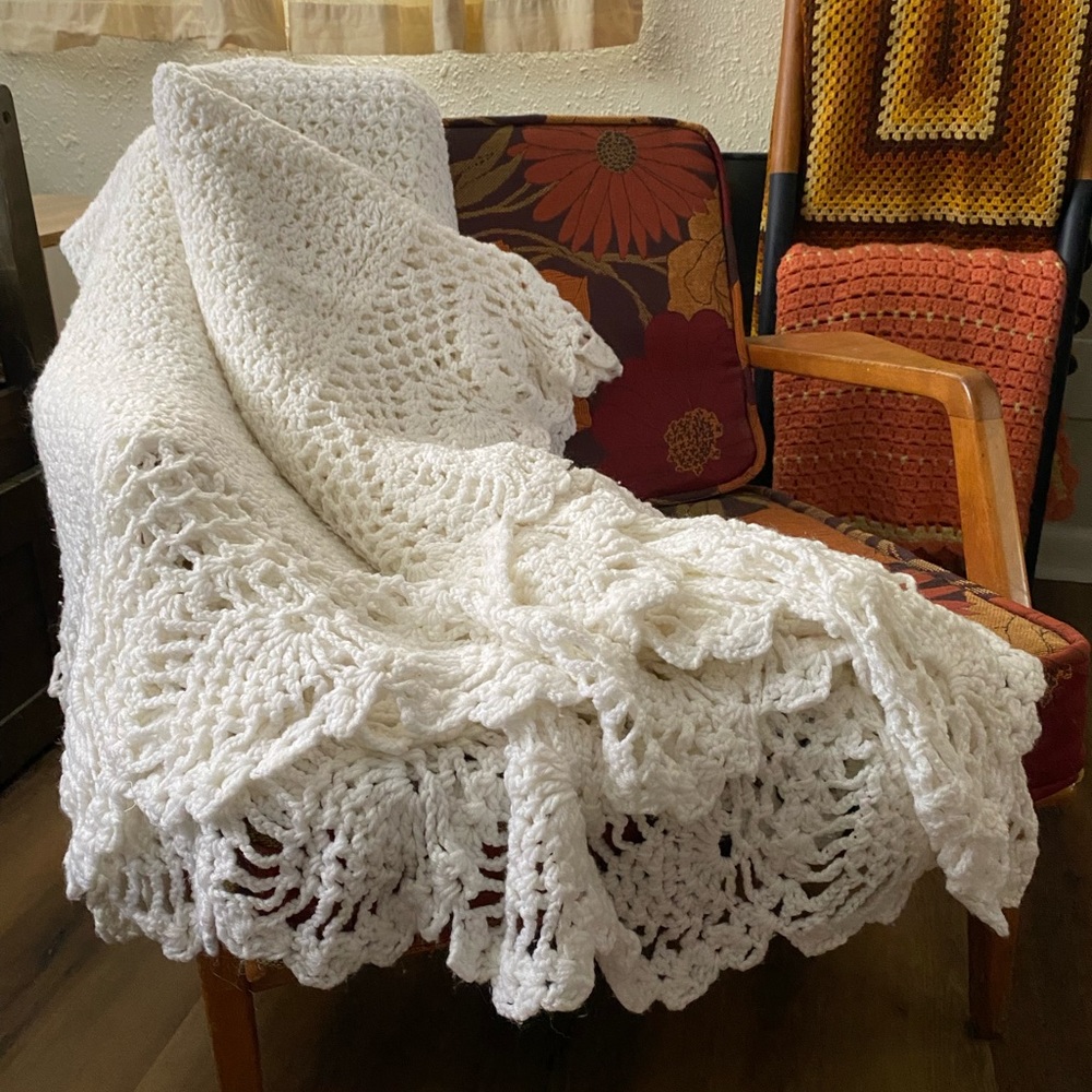 Vintage Crochet Afghan Granny Blanket Throw White Yarn Cottagecore 86x80